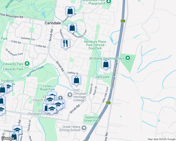 map of restaurants, bars, coffee shops, grocery stores, and more near 18 Forest Place in Carindale