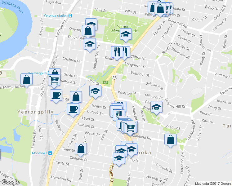 map of restaurants, bars, coffee shops, grocery stores, and more near 54 Beaudesert Road in Moorooka