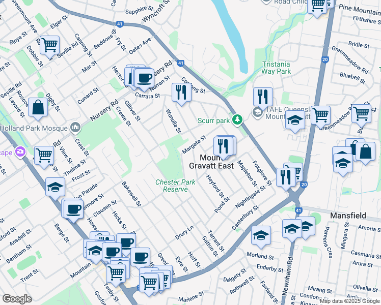 map of restaurants, bars, coffee shops, grocery stores, and more near 170 Kentish Street in Mount Gravatt East