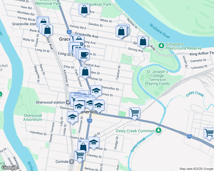map of restaurants, bars, coffee shops, grocery stores, and more near 30 Chancellor Street in Sherwood