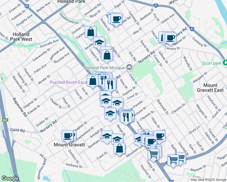 map of restaurants, bars, coffee shops, grocery stores, and more near 21 Rise Street in Mount Gravatt East