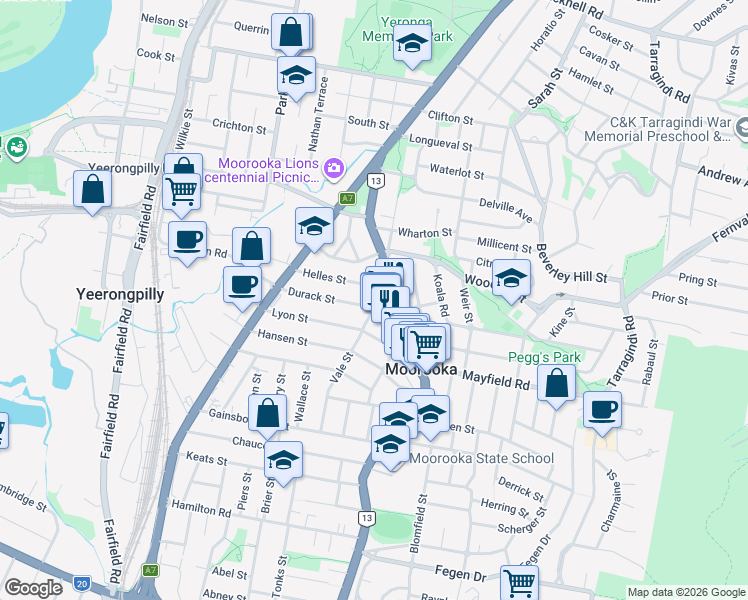 map of restaurants, bars, coffee shops, grocery stores, and more near 74 Durack Street in Moorooka