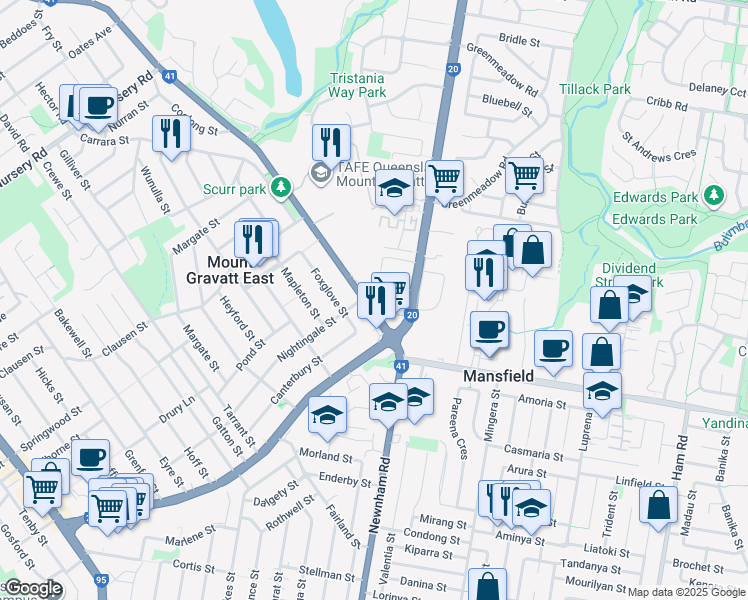map of restaurants, bars, coffee shops, grocery stores, and more near 1162 Cavendish Road in Mount Gravatt East
