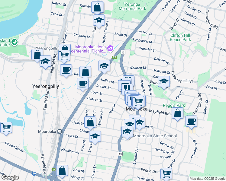 map of restaurants, bars, coffee shops, grocery stores, and more near 55 Durack Street in Moorooka