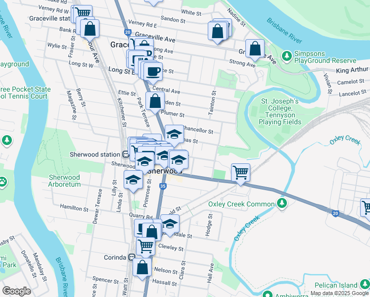 map of restaurants, bars, coffee shops, grocery stores, and more near 62 Elizabeth Street in Sherwood
