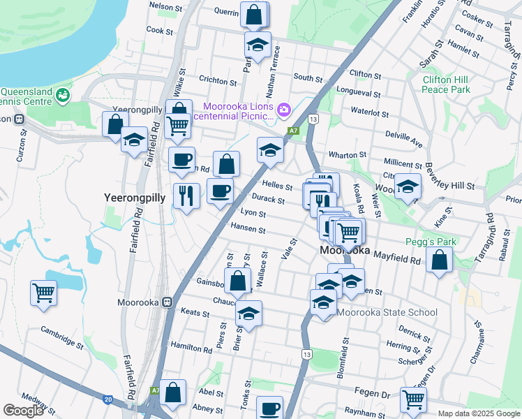 map of restaurants, bars, coffee shops, grocery stores, and more near 26 Lyon Street in Moorooka