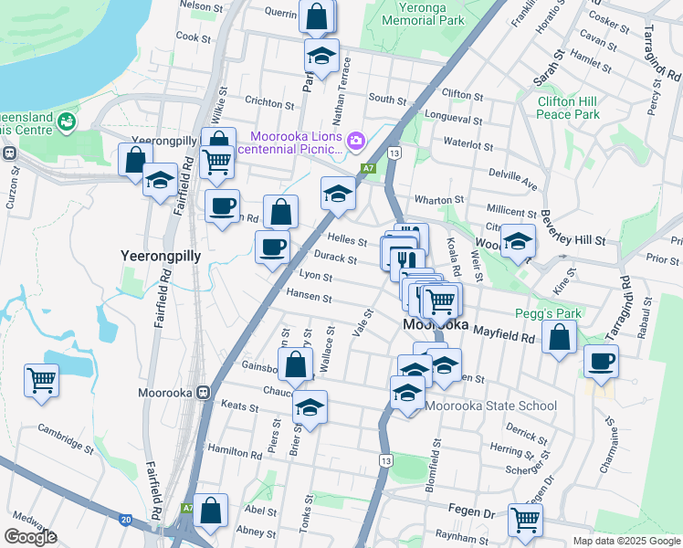 map of restaurants, bars, coffee shops, grocery stores, and more near 42 Lyon Street in Moorooka