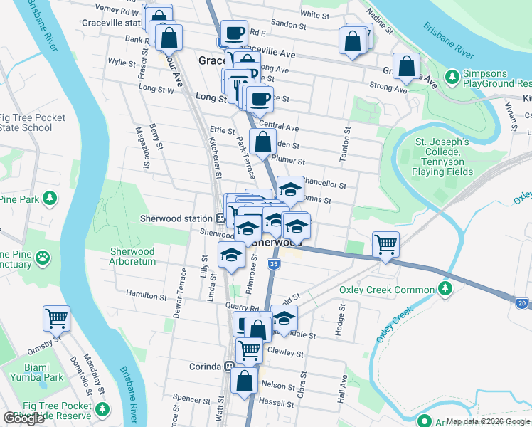 map of restaurants, bars, coffee shops, grocery stores, and more near 17 Skew Street in Sherwood
