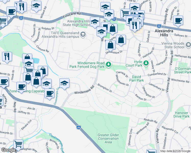 map of restaurants, bars, coffee shops, grocery stores, and more near 53 Windemere Road in Alexandra Hills