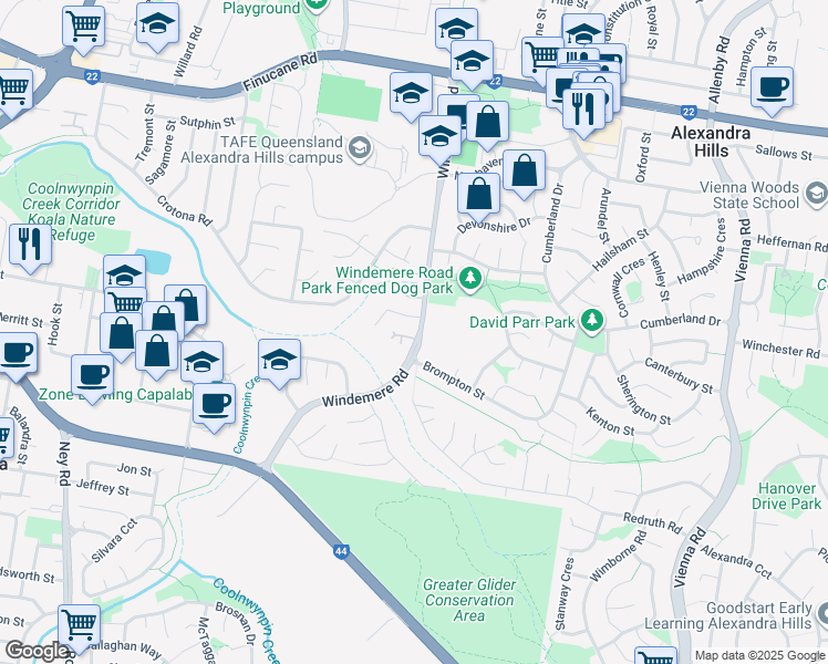 map of restaurants, bars, coffee shops, grocery stores, and more near 53 Windemere Road in Alexandra Hills