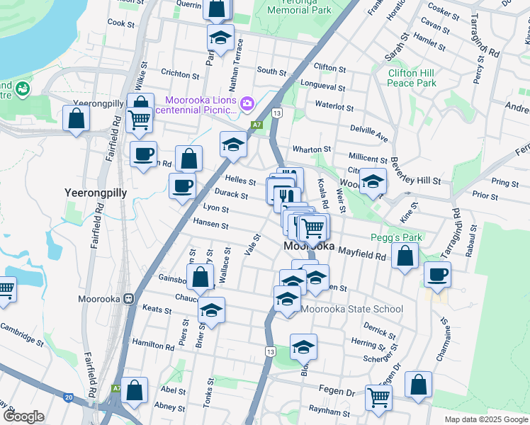 map of restaurants, bars, coffee shops, grocery stores, and more near 76 Lyon Street in Moorooka