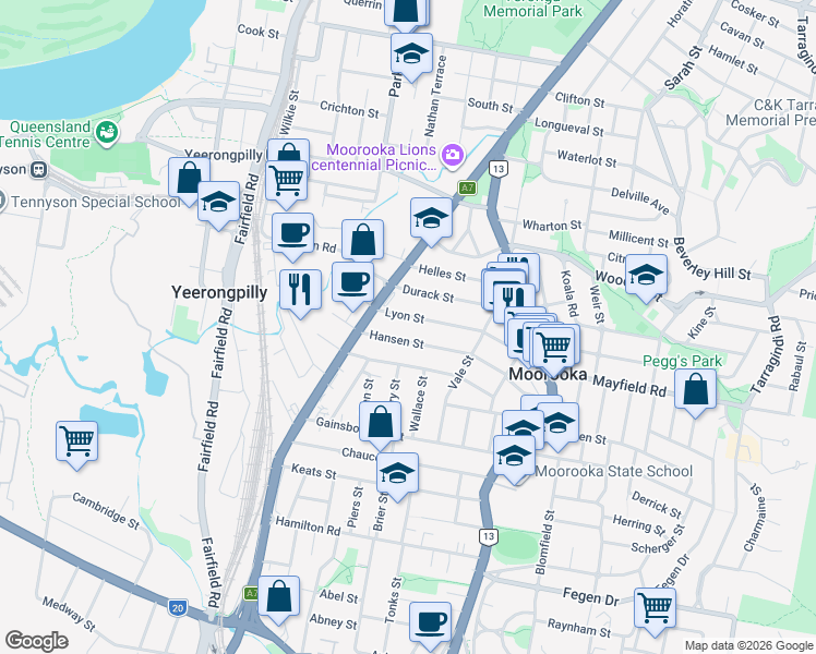 map of restaurants, bars, coffee shops, grocery stores, and more near 31 Lyon Street in Moorooka