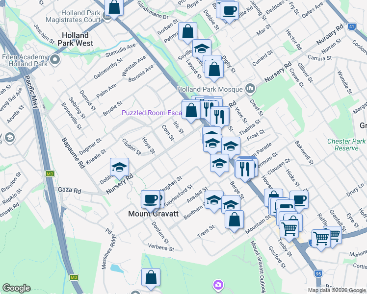 map of restaurants, bars, coffee shops, grocery stores, and more near 28 Rockingham Street in Mount Gravatt