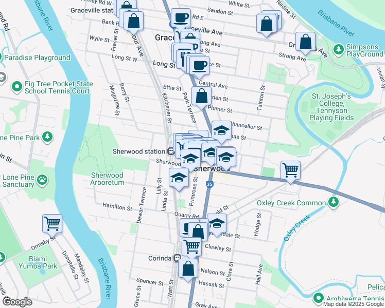 map of restaurants, bars, coffee shops, grocery stores, and more near 36 Skew Street in Sherwood