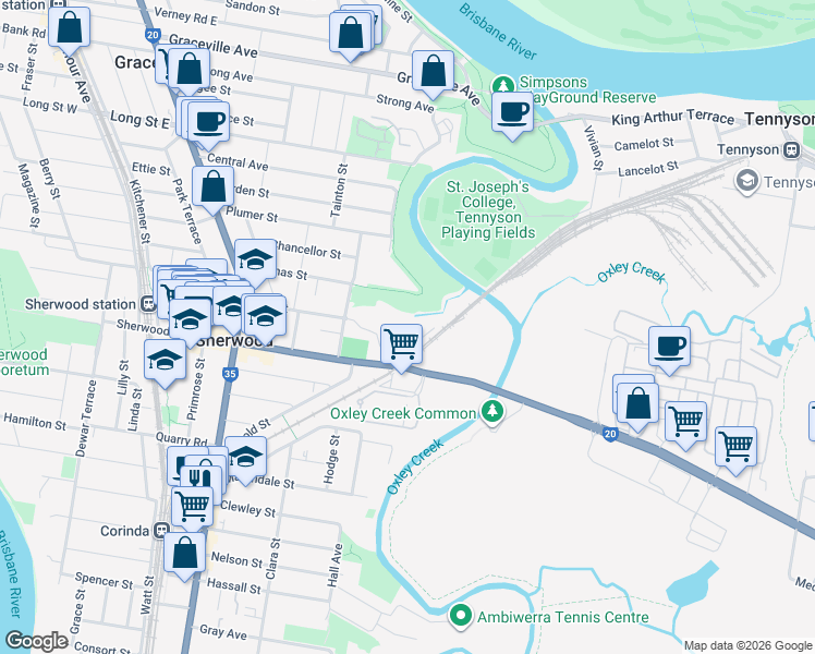 map of restaurants, bars, coffee shops, grocery stores, and more near 20 Egmont Street in Sherwood