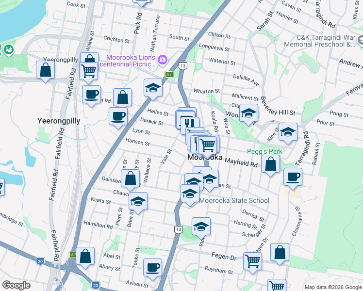 map of restaurants, bars, coffee shops, grocery stores, and more near 91 Lyon Street in Moorooka
