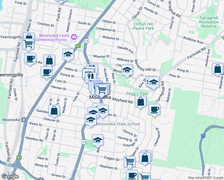 map of restaurants, bars, coffee shops, grocery stores, and more near 68 Goodwin Terrace in Moorooka