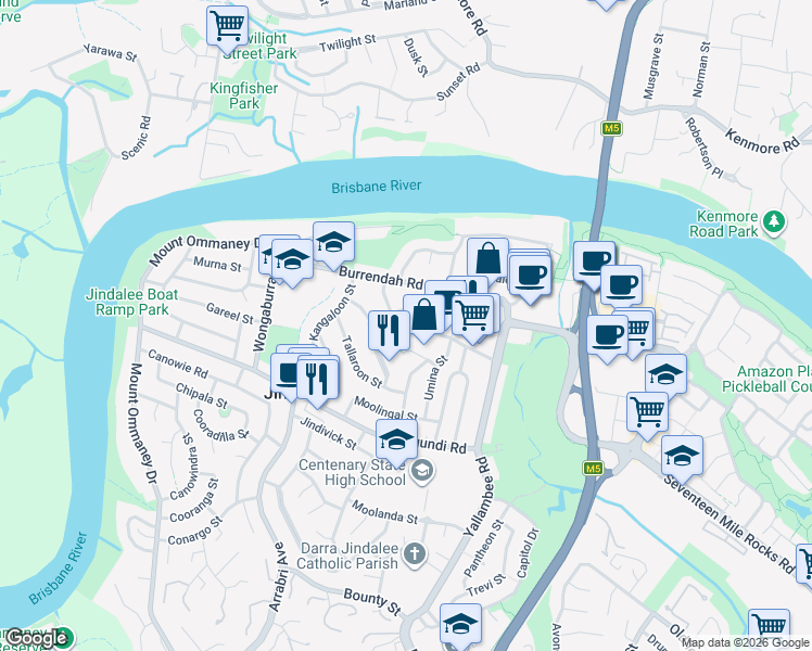 map of restaurants, bars, coffee shops, grocery stores, and more near 36 Looranah Street in Jindalee