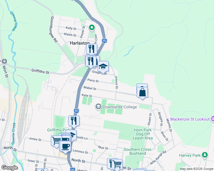 map of restaurants, bars, coffee shops, grocery stores, and more near 12 Perry Street in Harlaxton