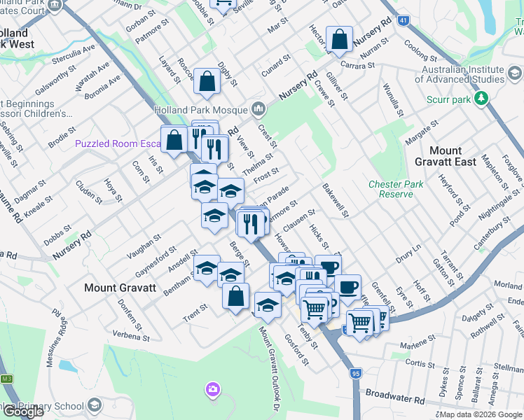 map of restaurants, bars, coffee shops, grocery stores, and more near 19 Gordon Parade in Mount Gravatt East
