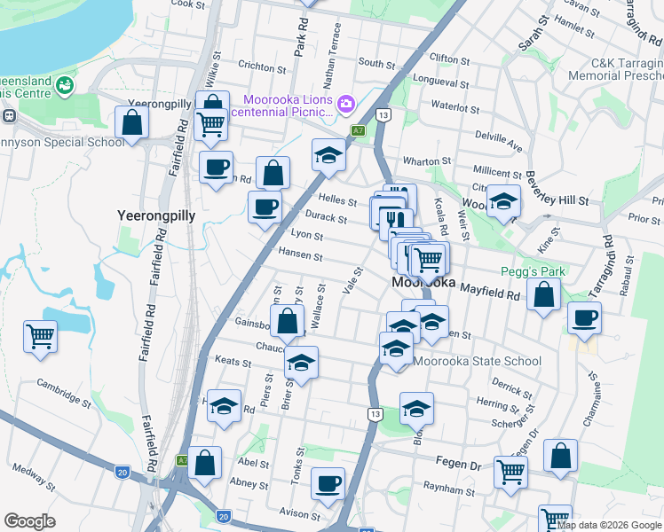 map of restaurants, bars, coffee shops, grocery stores, and more near 57 Hansen Street in Moorooka