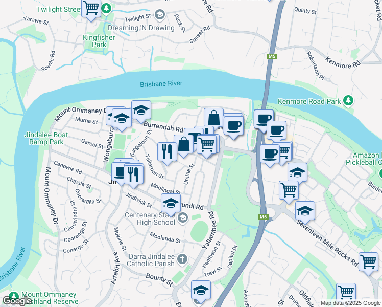 map of restaurants, bars, coffee shops, grocery stores, and more near Looranah Street in Jindalee