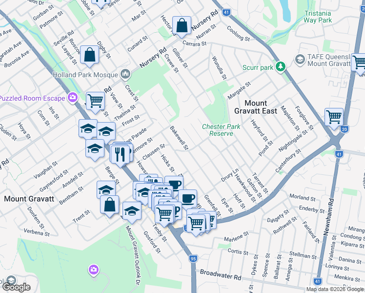 map of restaurants, bars, coffee shops, grocery stores, and more near 4 Bakewell Street in Mount Gravatt East