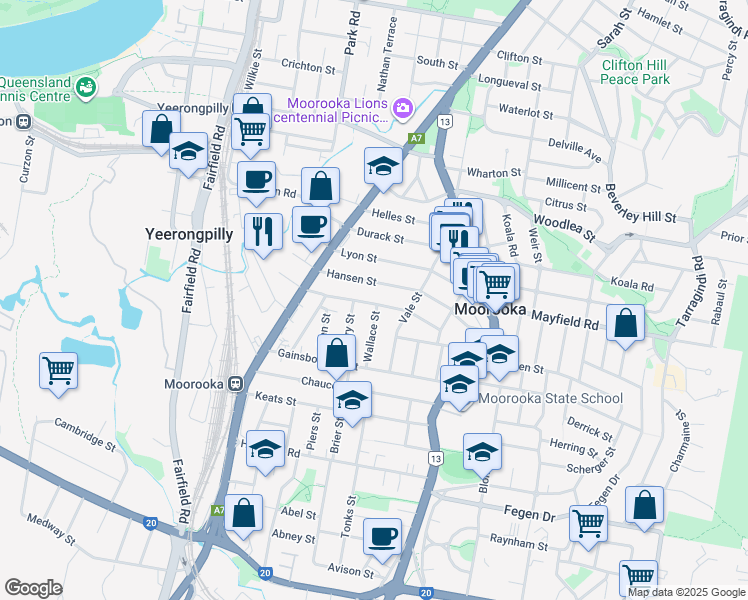 map of restaurants, bars, coffee shops, grocery stores, and more near 60 Forest Street in Moorooka