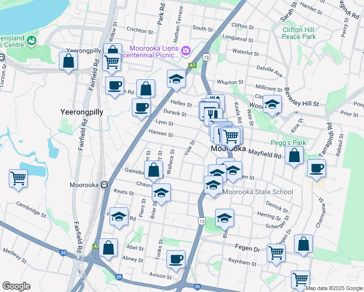 map of restaurants, bars, coffee shops, grocery stores, and more near 76 Forest Street in Moorooka