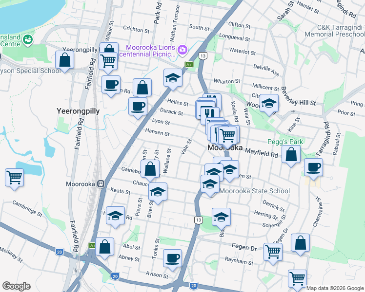 map of restaurants, bars, coffee shops, grocery stores, and more near 82 Forest Street in Moorooka