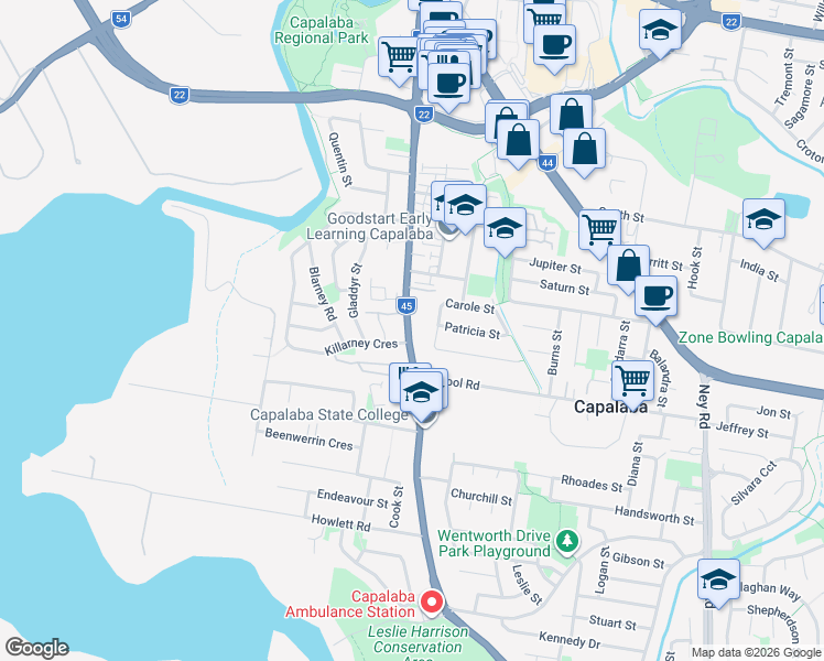 map of restaurants, bars, coffee shops, grocery stores, and more near 122 Mount Cotton Road in Capalaba
