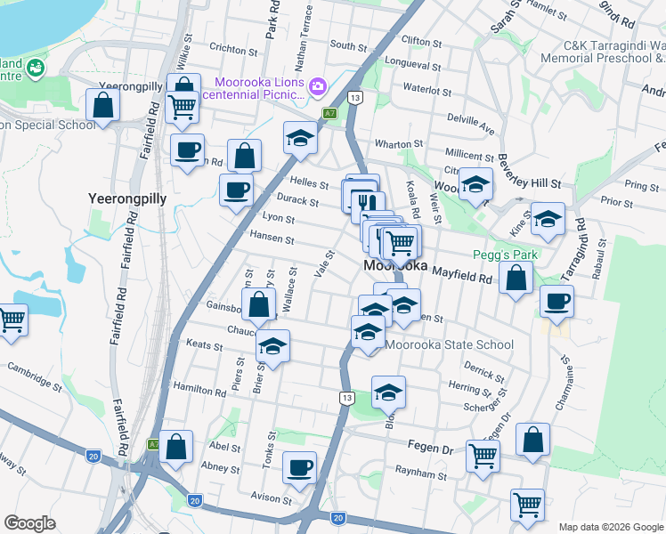 map of restaurants, bars, coffee shops, grocery stores, and more near 94 Forest Street in Moorooka