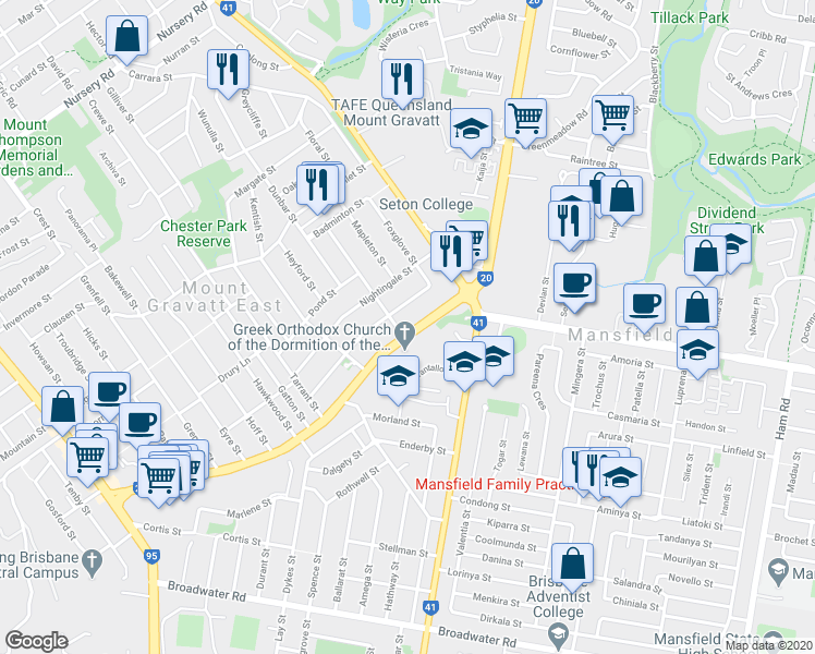 map of restaurants, bars, coffee shops, grocery stores, and more near 262 Creek Road in Mount Gravatt East