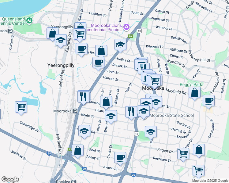 map of restaurants, bars, coffee shops, grocery stores, and more near 11 Wallace Street in Moorooka