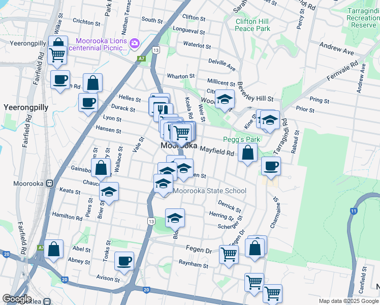 map of restaurants, bars, coffee shops, grocery stores, and more near 7 Morshead Street in Moorooka