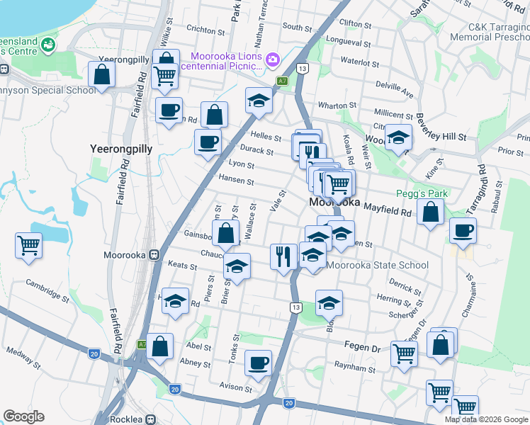 map of restaurants, bars, coffee shops, grocery stores, and more near 75 Vale Street in Moorooka