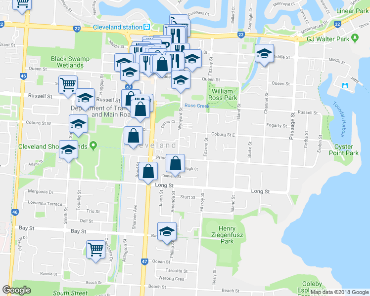 map of restaurants, bars, coffee shops, grocery stores, and more near 104 Wynyard Street in Cleveland