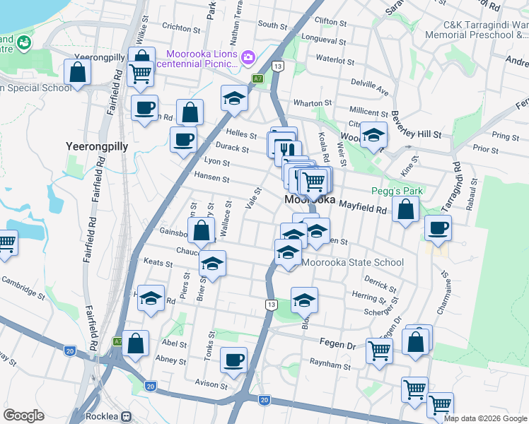 map of restaurants, bars, coffee shops, grocery stores, and more near 101 Forest Street in Moorooka
