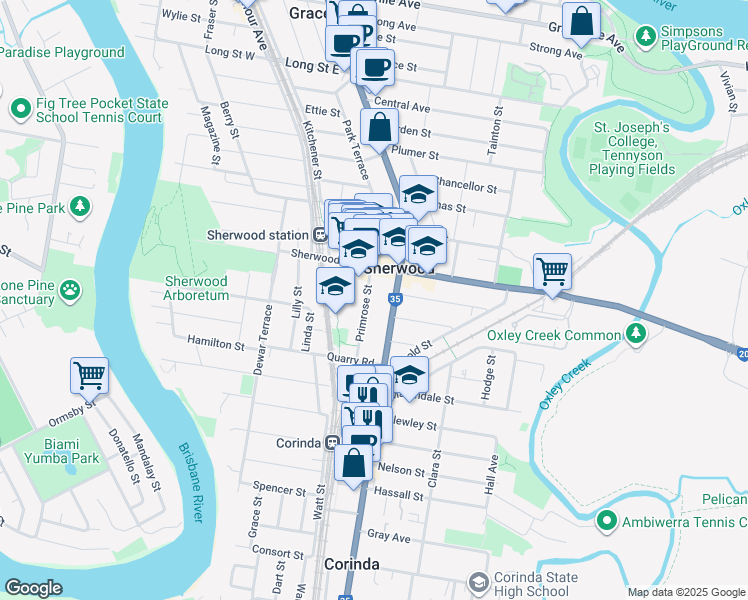 map of restaurants, bars, coffee shops, grocery stores, and more near 28 Primrose Street in Sherwood