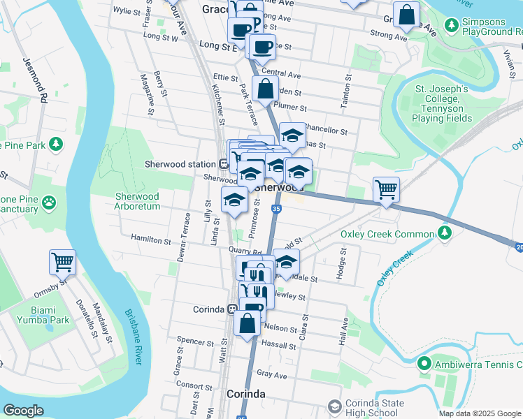 map of restaurants, bars, coffee shops, grocery stores, and more near 28 Primrose Street in Sherwood