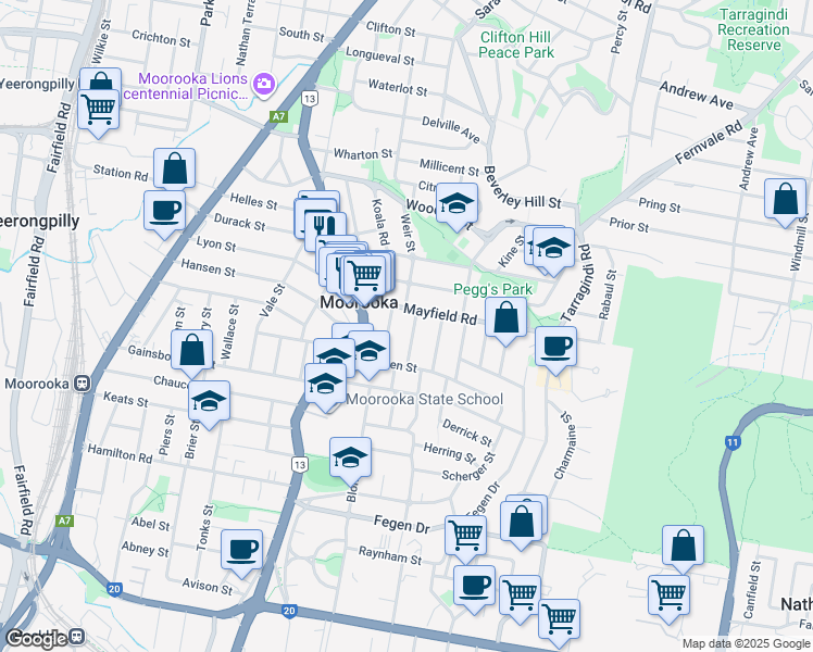 map of restaurants, bars, coffee shops, grocery stores, and more near 5 Kipling Street in Moorooka