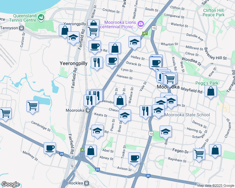map of restaurants, bars, coffee shops, grocery stores, and more near 20 Glen Street in Moorooka