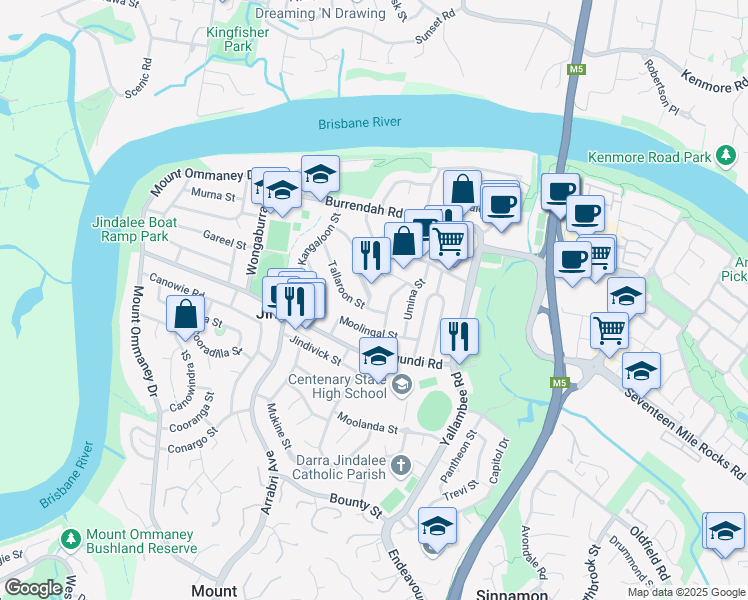 map of restaurants, bars, coffee shops, grocery stores, and more near 3 Looranah Street in Jindalee