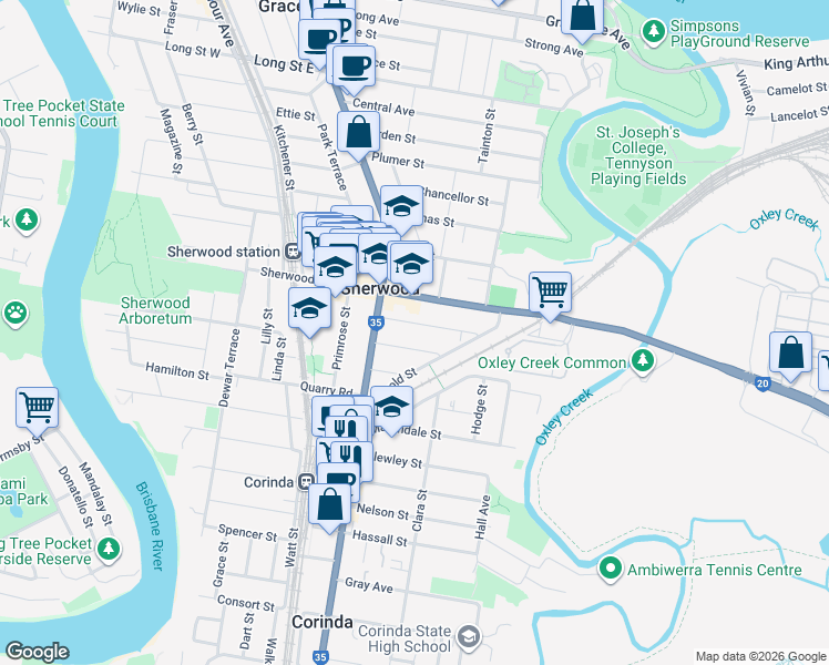 map of restaurants, bars, coffee shops, grocery stores, and more near 27 Hood Street in Sherwood