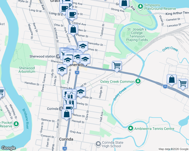 map of restaurants, bars, coffee shops, grocery stores, and more near 57 Hood Street in Sherwood