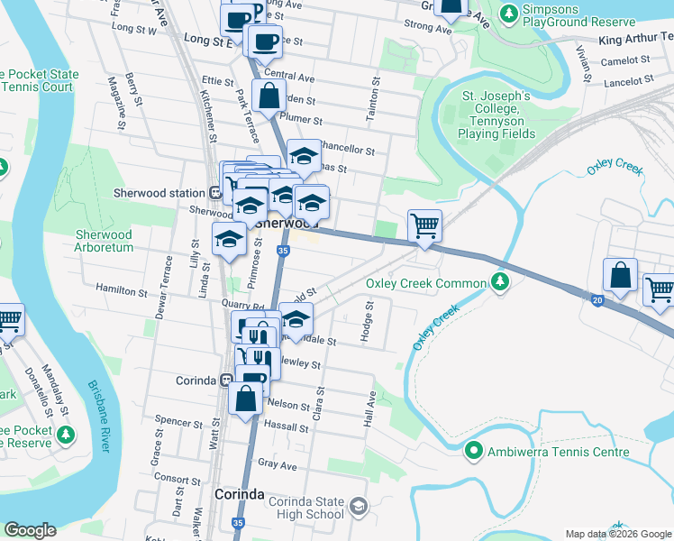 map of restaurants, bars, coffee shops, grocery stores, and more near 52 Mayhew Street in Sherwood