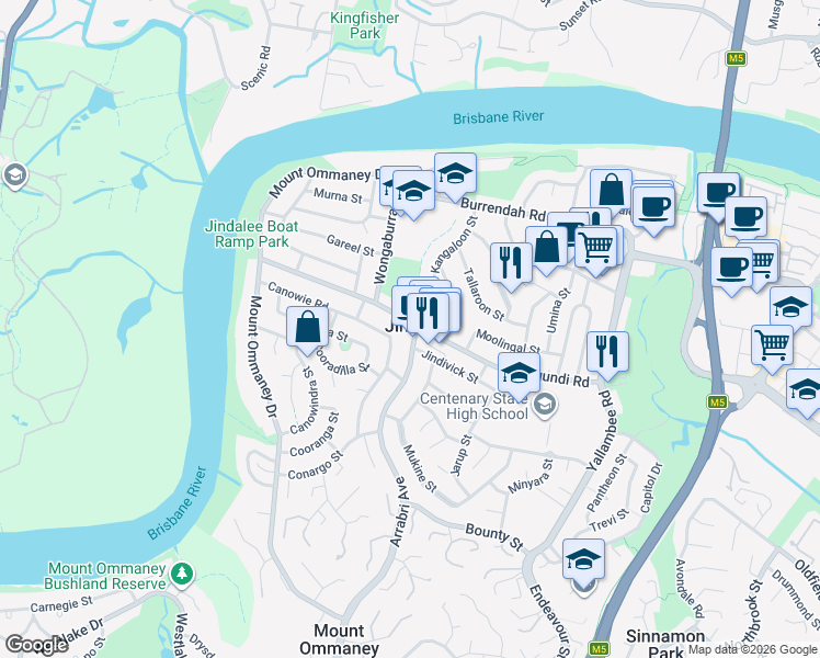 map of restaurants, bars, coffee shops, grocery stores, and more near 1 Arrabri Avenue in Jindalee