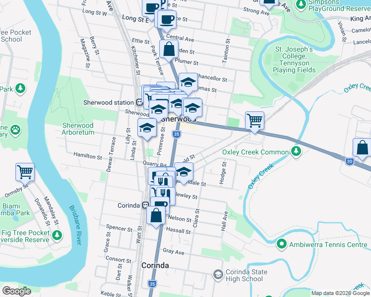 map of restaurants, bars, coffee shops, grocery stores, and more near 17 Mayhew Street in Sherwood