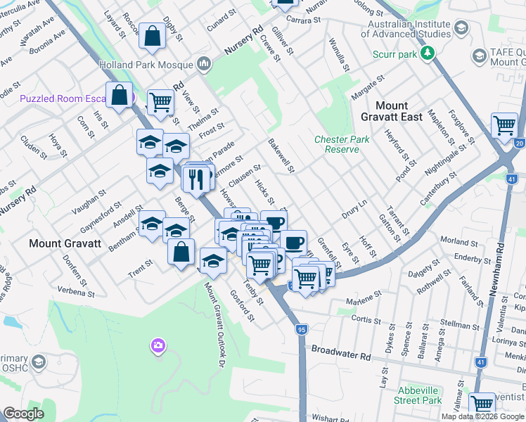 map of restaurants, bars, coffee shops, grocery stores, and more near 30 Troubridge Street in Mount Gravatt East