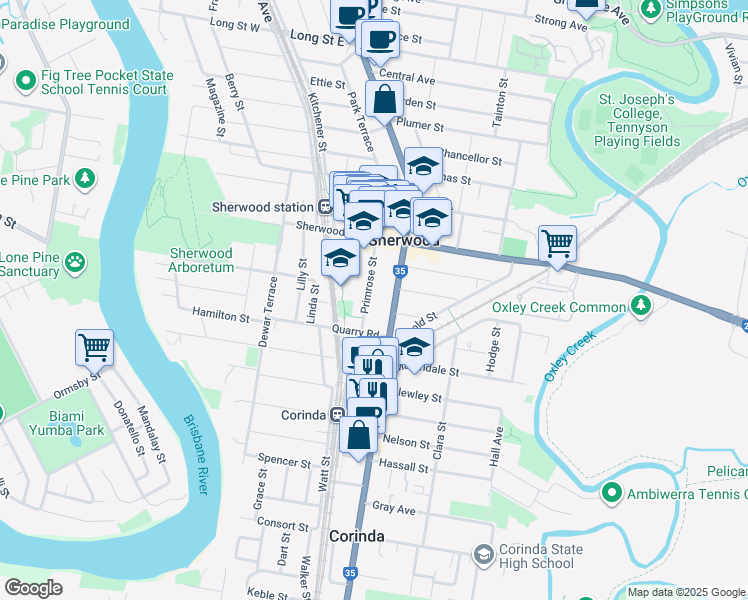 map of restaurants, bars, coffee shops, grocery stores, and more near 50 Primrose Street in Sherwood